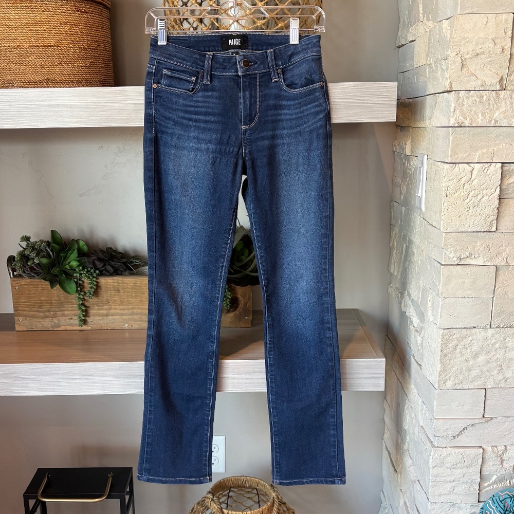 Paige Dark Blue Wash 5 Pocket Straight Leg Jeans (Size 26 w/stretch)